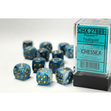 Phantom Teal/gold 16mm d6 Dice Block (12 dice)