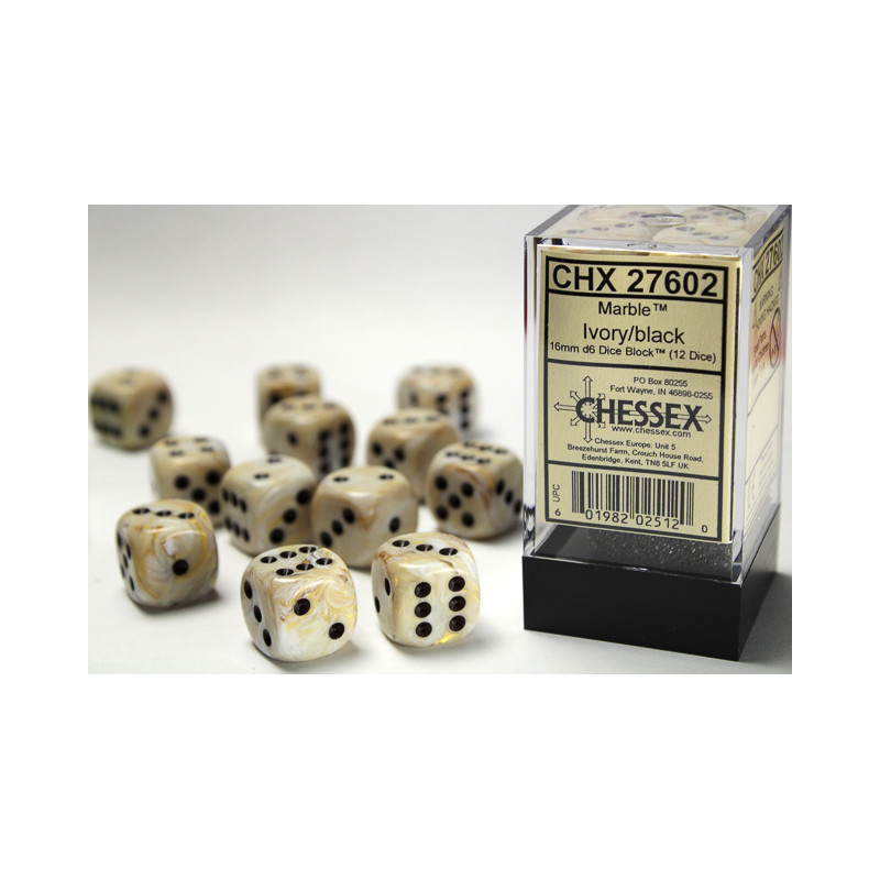 Marble Ivory/black 16mm d6 Dice Block (12 dice)