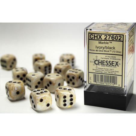 Marble Ivory/black 16mm d6 Dice Block (12 dice)