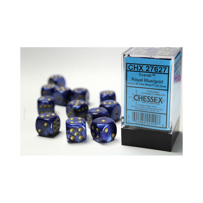 Scarab Royal Blue/gold 16mm d6 Dice Block (12 dice)