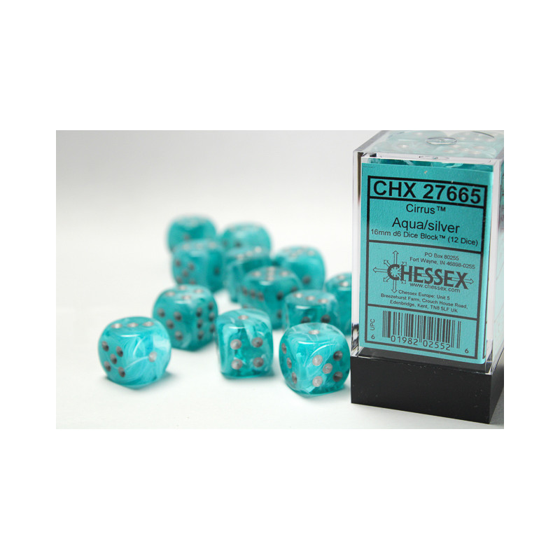 Cirrus Aqua/silver 16mm d6 Dice Block (12 dice)