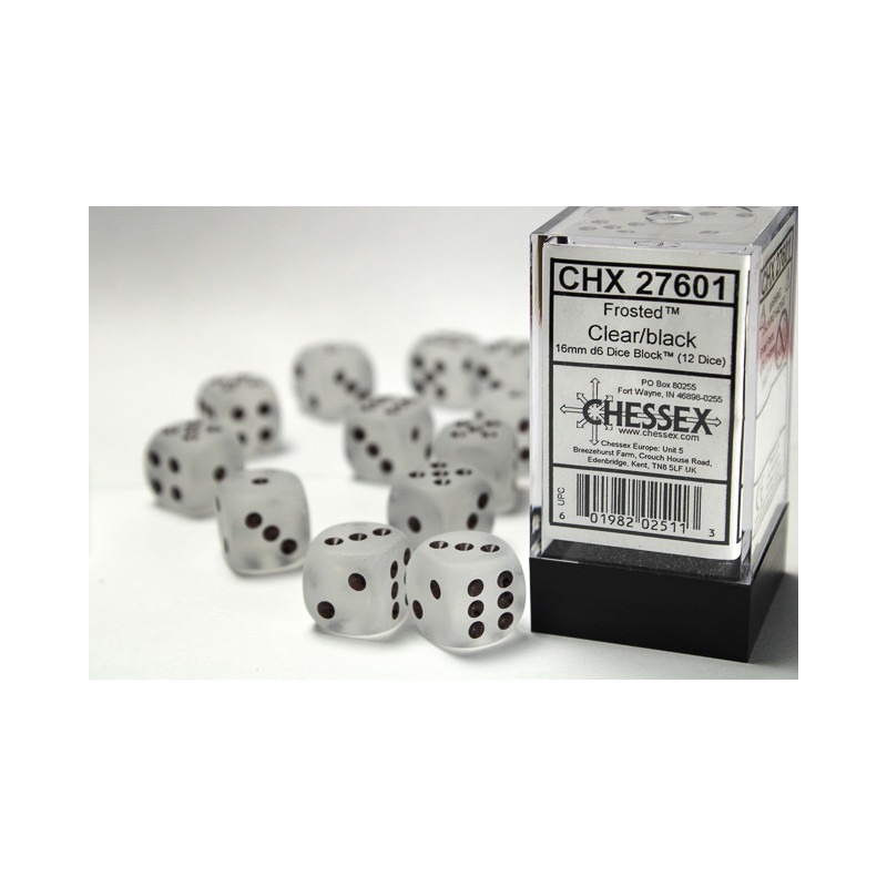 Frosted Clear/black 16mm d6 Dice Block (12 dice)