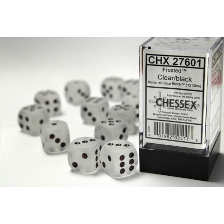 Frosted Clear/black 16mm d6 Dice Block (12 dice)