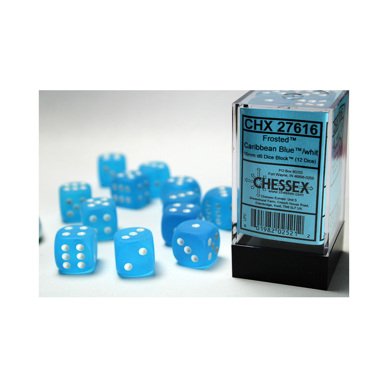 Frosted Caribbean Blue/white 16mm d6 Dice Block (12 dice)