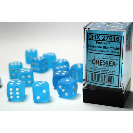 Frosted Caribbean Blue/white 16mm d6 Dice Block (12 dice)