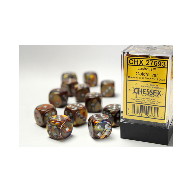 Lustrous Gold/silver 16mm d6 Dice Block (12 dice)