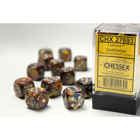 Lustrous Gold/silver 16mm d6 Dice Block (12 dice)