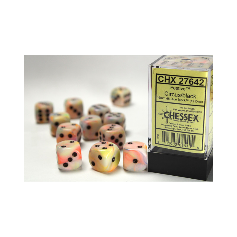 Festive Circus/black 16mm d6 Dice Block (12 dice)