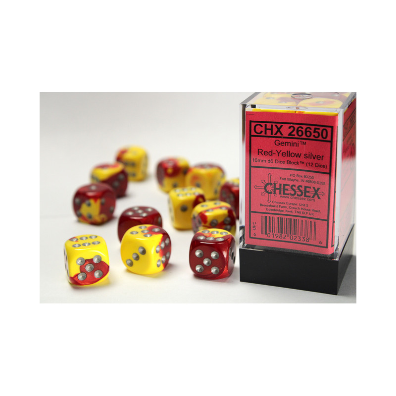 Gemini Red-Yellow/silver 16mm d6 Dice Block (12 dice)