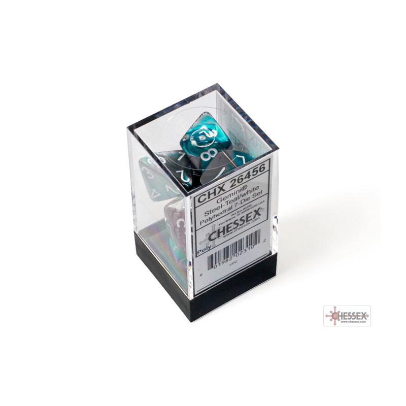 Gemini Steel-Teal/white Polyhedral 7-Dice Set