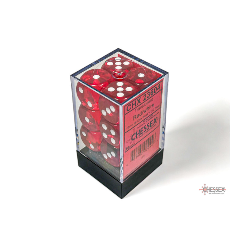 Translucent Red/white 16mm d6 Dice Block (12 dice)