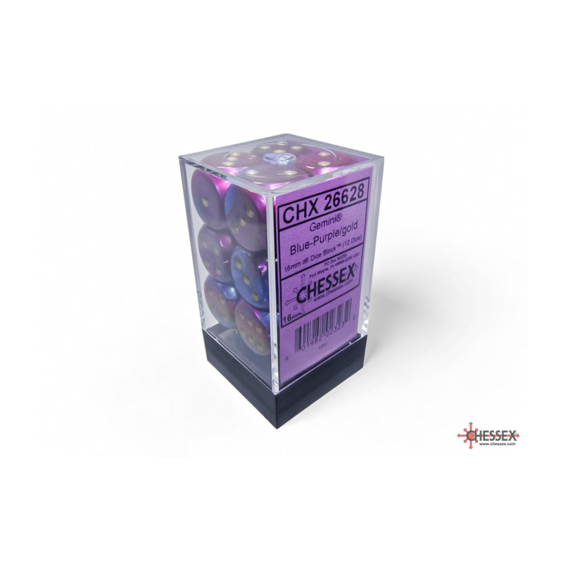 Gemini Blue-Purple/gold 16mm d6 Dice Block (12 dice)