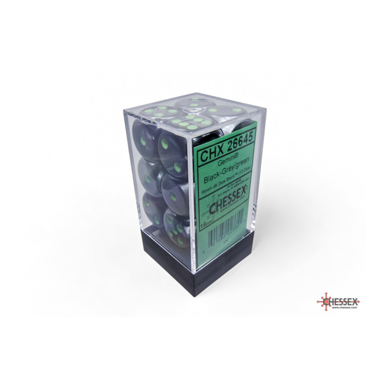 Gemini Black-Grey/green 16mm d6 Dice Block (12 dice)