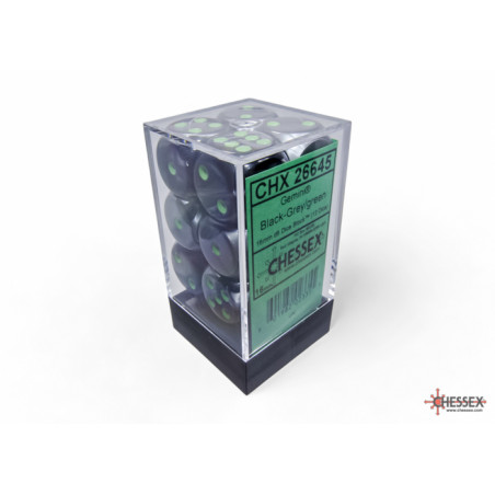 Gemini Black-Grey/green 16mm d6 Dice Block (12 dice)