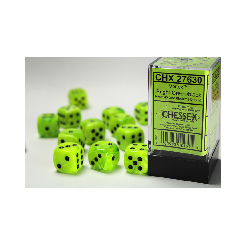 Vortex Bright Green/black 16mm d6 Dice Block (12 dice)