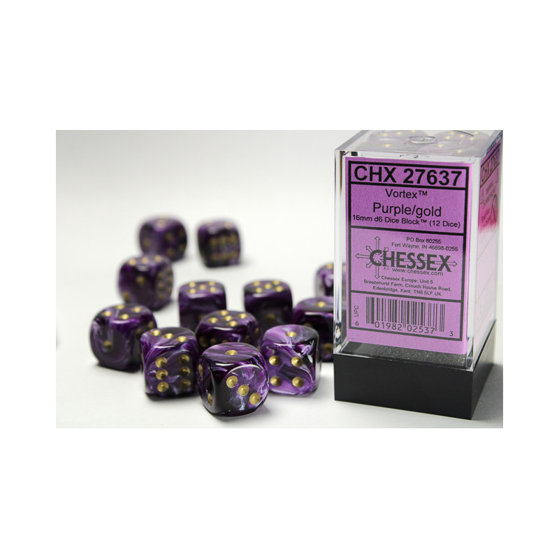 Vortex Purple/gold 16mm d6 Dice Block (12 dice)