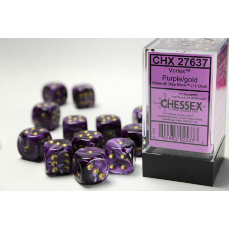 Vortex Purple/gold 16mm d6 Dice Block (12 dice)