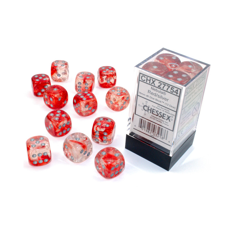 Nebula Red/silver Luminary 16mm d6 Dice Block (12 dice)