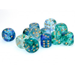 Nebula Oceanic/gold Luminary 16mm d6 Dice Block (12 dice)