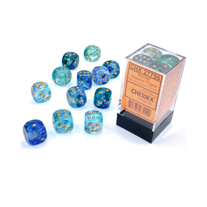 Nebula Oceanic/gold Luminary 16mm d6 Dice Block (12 dice)