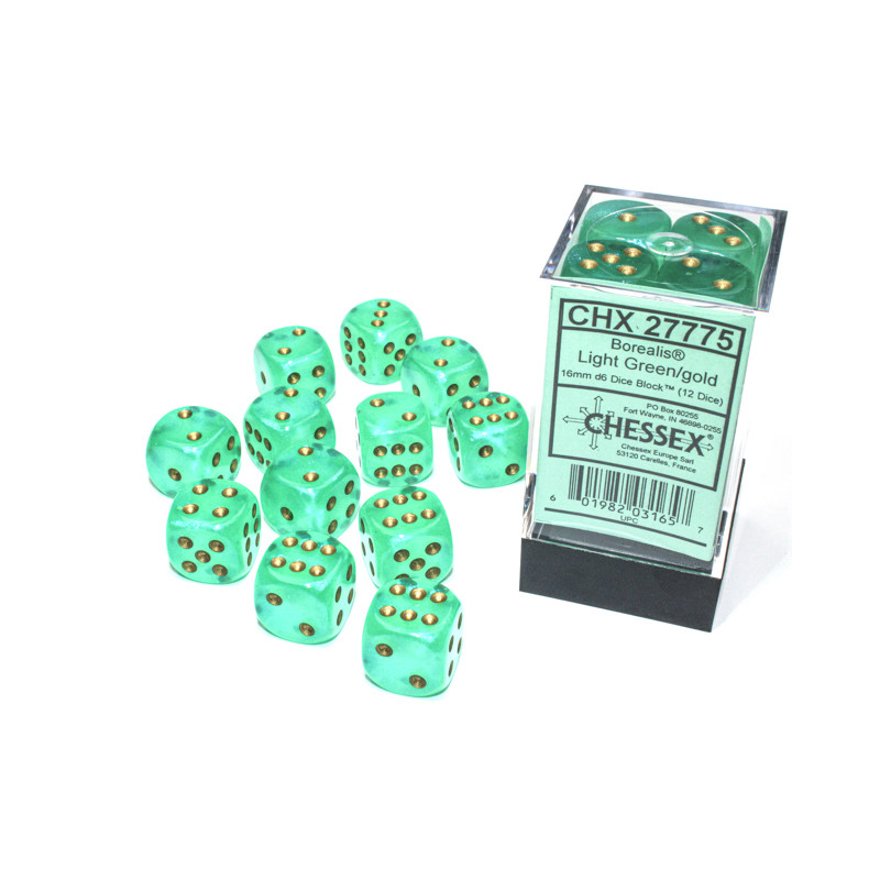 Borealis Light Green/gold Luminary 16mm d6 Dice Block (12 dice)