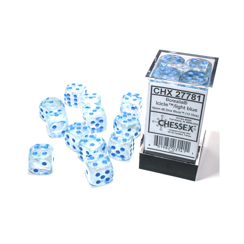 Borealis Icicle/light blue Luminary 16mm d6 Dice Block (12 dice)