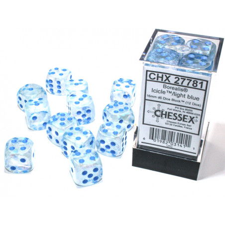 Borealis Icicle/light blue Luminary 16mm d6 Dice Block (12 dice)