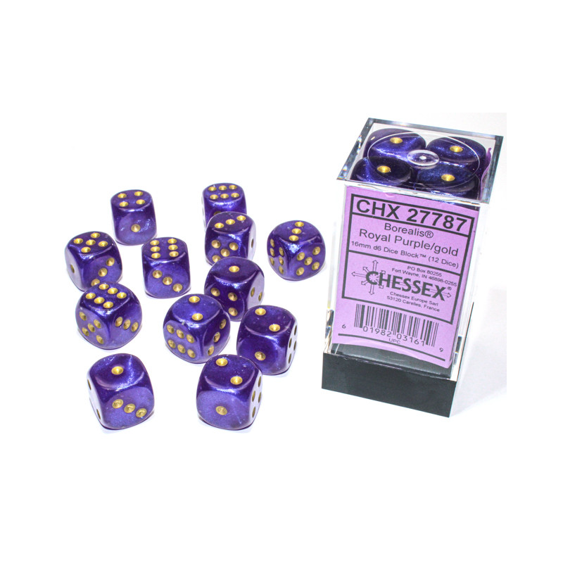 Borealis Royal Purple/gold Luminary 16mm d6 Dice Block (12 dice)