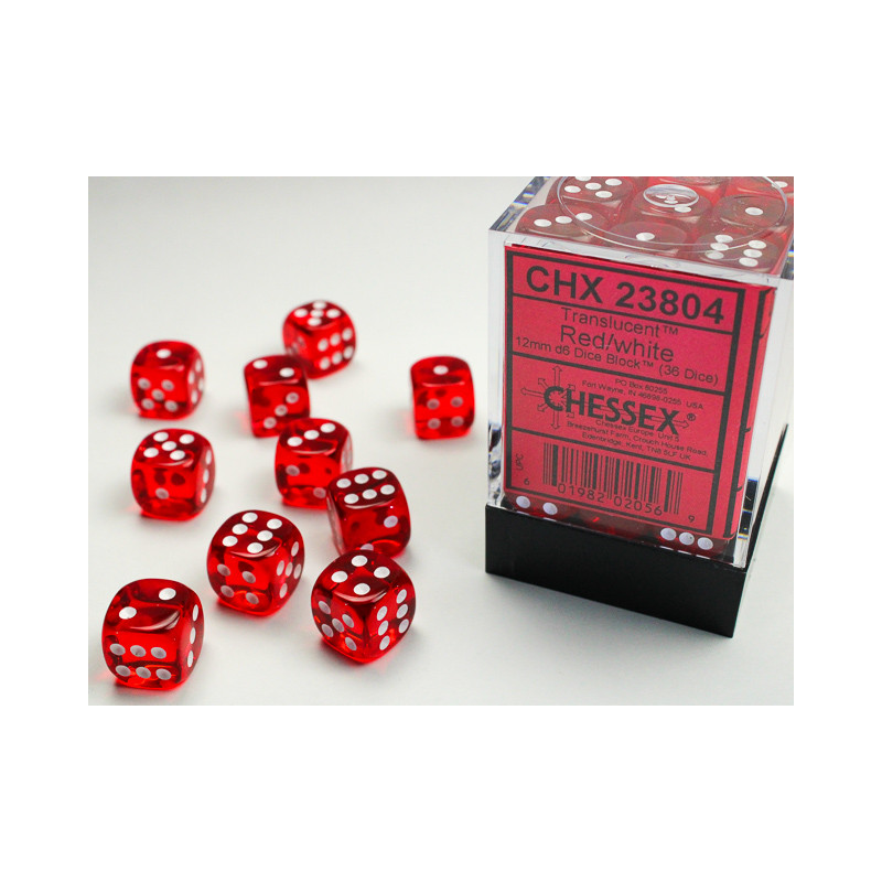 Translucent Red/white 12mm d6 Dice Block (36 dice)