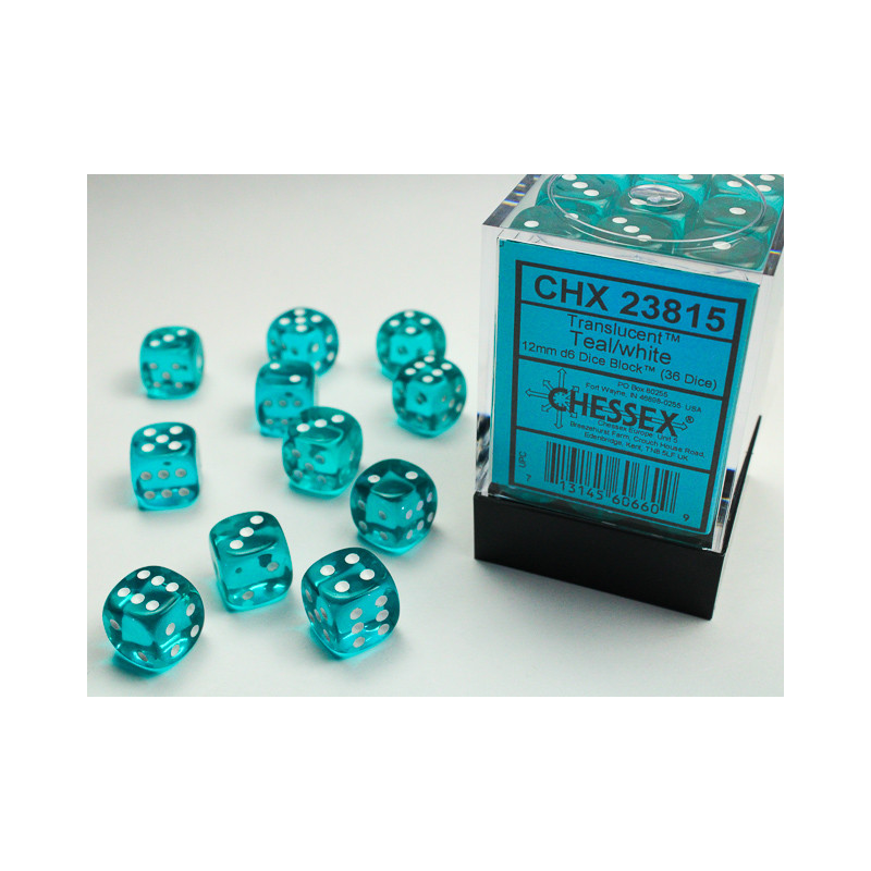 Translucent Teal/white 12mm d6 Dice Block (36 dice)