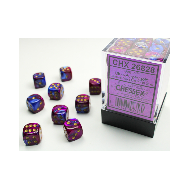 Gemini Blue-Purple/gold 12mm d6 Dice Block (36 dice)