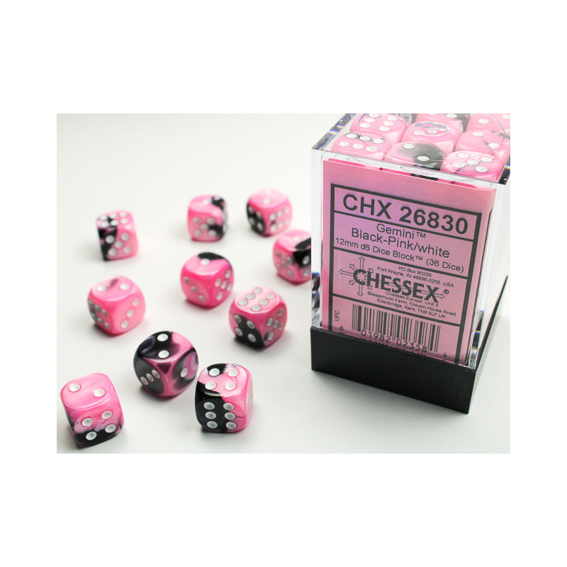 Gemini Black-Pink/white 12mm d6 Dice Block (36 dice)