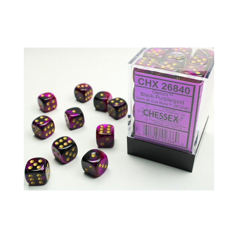 Gemini Black-Purple/gold 12mm d6 Dice Block (36 dice)