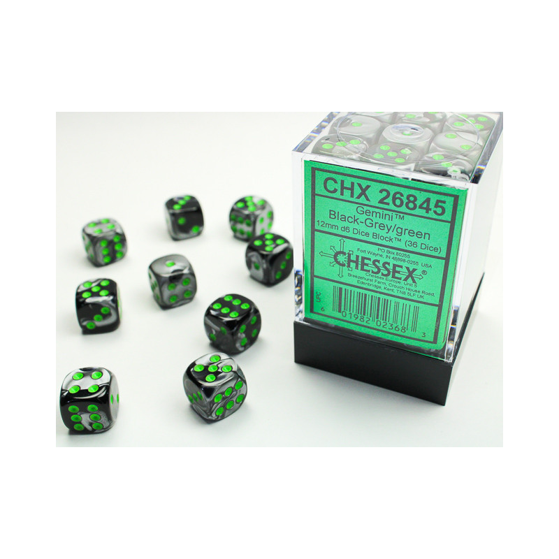 Gemini Black-Grey/green 12mm d6 Dice Block (36 dice)