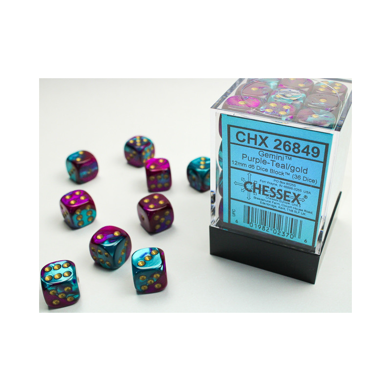 Gemini Purple-Teal/gold 12mm d6 Dice Block (36 dice)