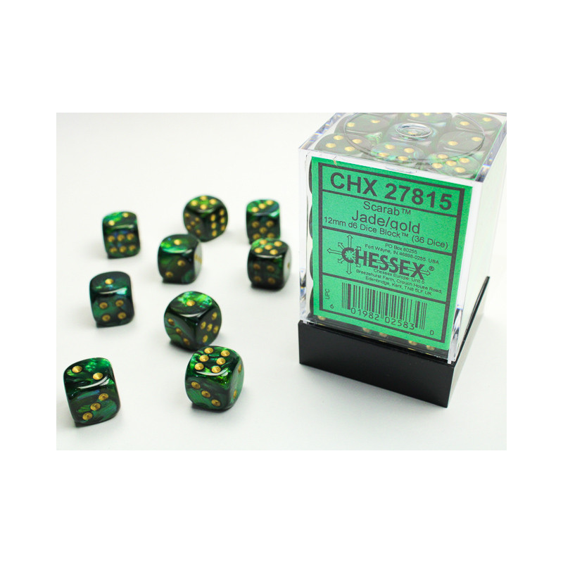 Scarab Jade/gold 12mm d6 Dice Block (36 dice)