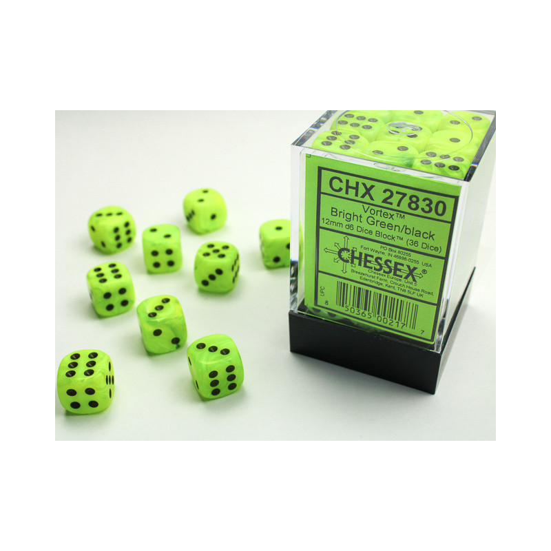 Vortex Bright Green/black 12mm d6 Dice Block (36 dice)