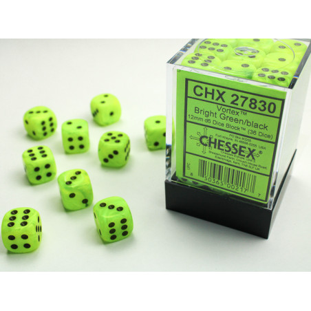 Vortex Bright Green/black 12mm d6 Dice Block (36 dice)