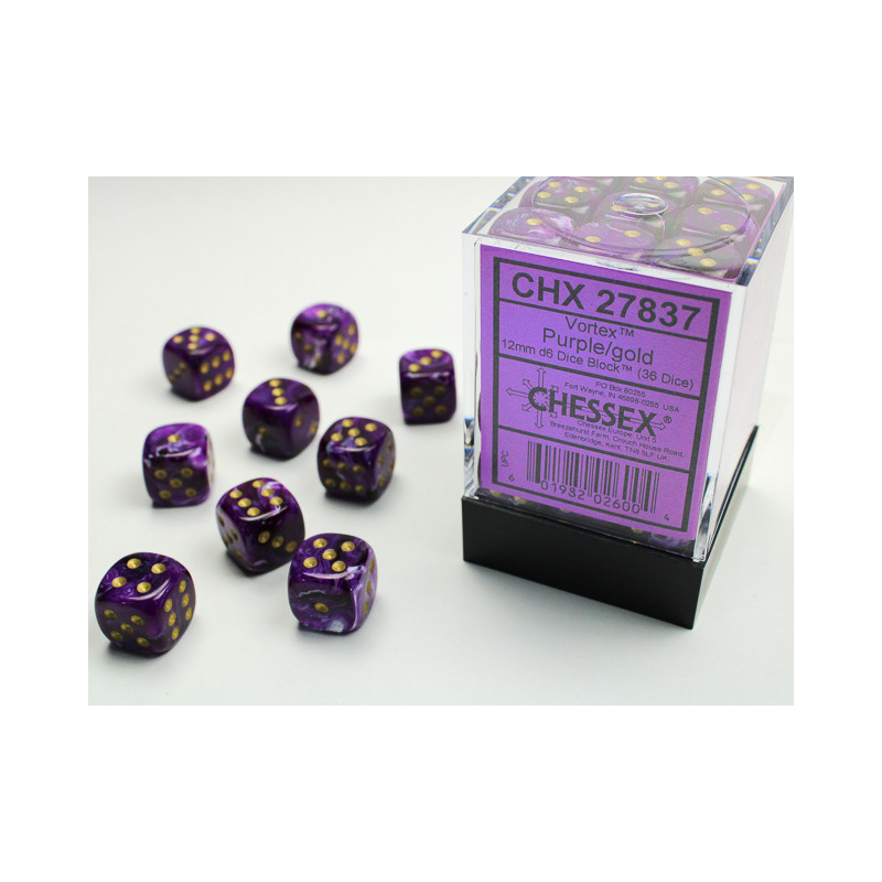 Vortex Purple/gold 12mm d6 Dice Block (36 dice)