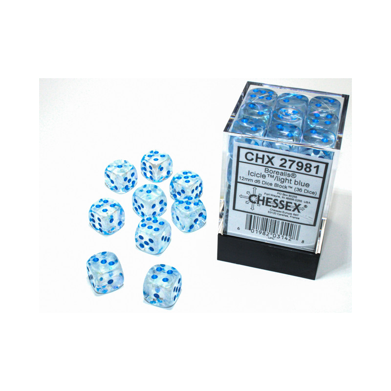 Borealis Icicle/light blue Luminary 12mm d6 Dice Block (36 dice)