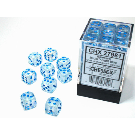 Borealis Icicle/light blue Luminary 12mm d6 Dice Block (36 dice)