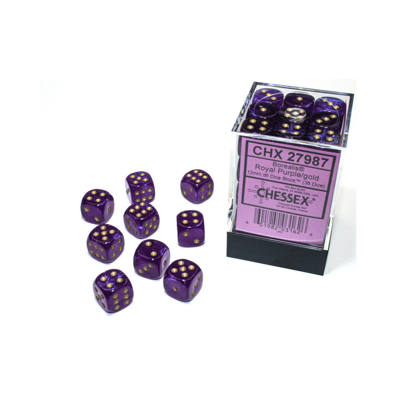 Borealis Royal Purple/gold Luminary 12mm d6 Dice Block (36 dice)