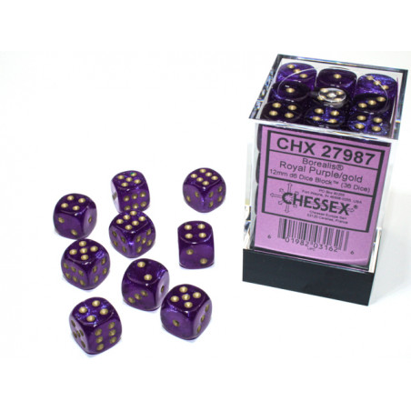 Borealis Royal Purple/gold Luminary 12mm d6 Dice Block (36 dice)