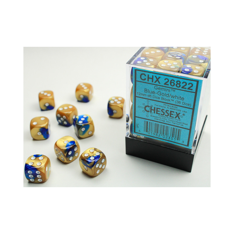 Gemini Blue-Gold/white 12mm d6 Dice Block (36 dice)