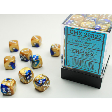 Gemini Blue-Gold/white 12mm d6 Dice Block (36 dice)