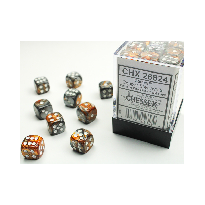 Gemini Copper-Steel/white 12mm d6 Dice Block (36 dice)