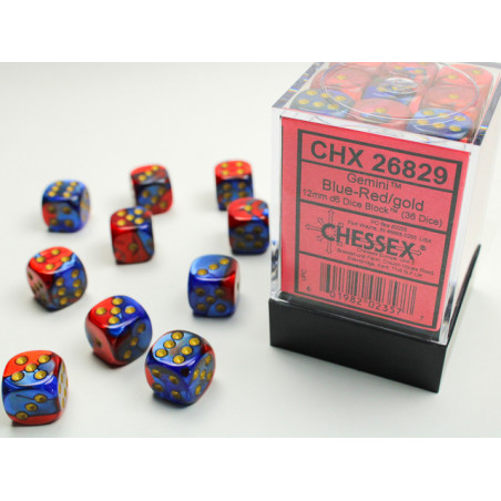 Gemini Blue-Red/gold 12mm d6 Dice Block (36 dice)