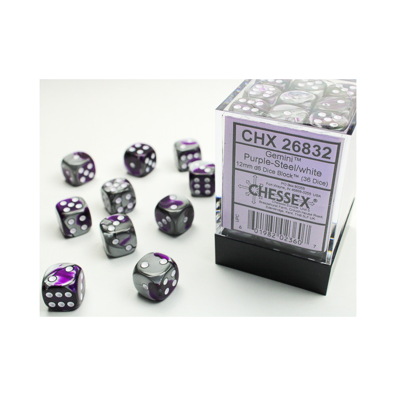 Gemini Purple-Steel/white 12mm d6 Dice Block (36 dice)