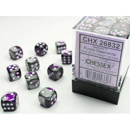 Gemini Purple-Steel/white 12mm d6 Dice Block (36 dice)