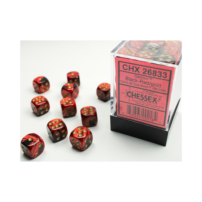 Gemini Black-Red/gold 12mm d6 Dice Block (36 dice)